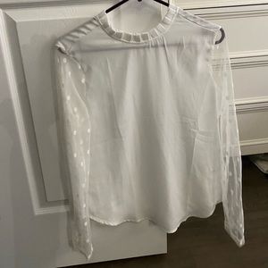 Shein while lace sleeve ruffle neck blouse